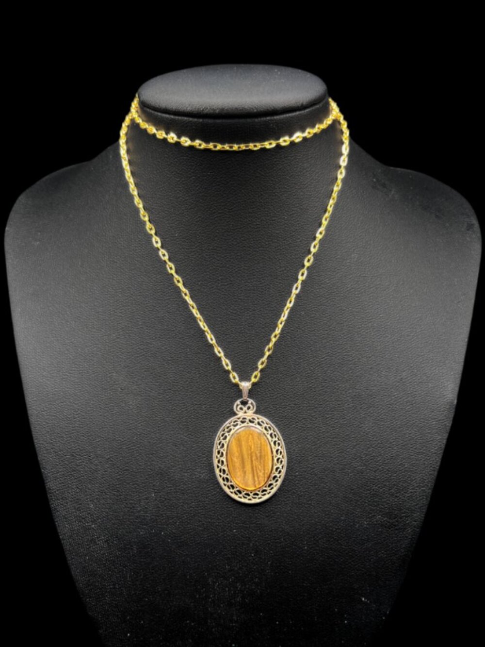 Vintage Sarah Coventry Faux Tiger Eye Gold-Toned Pendant on Modern Chain